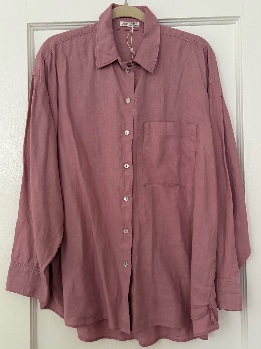 Oysho 100% linen pink button-down shirt ( washed rose)